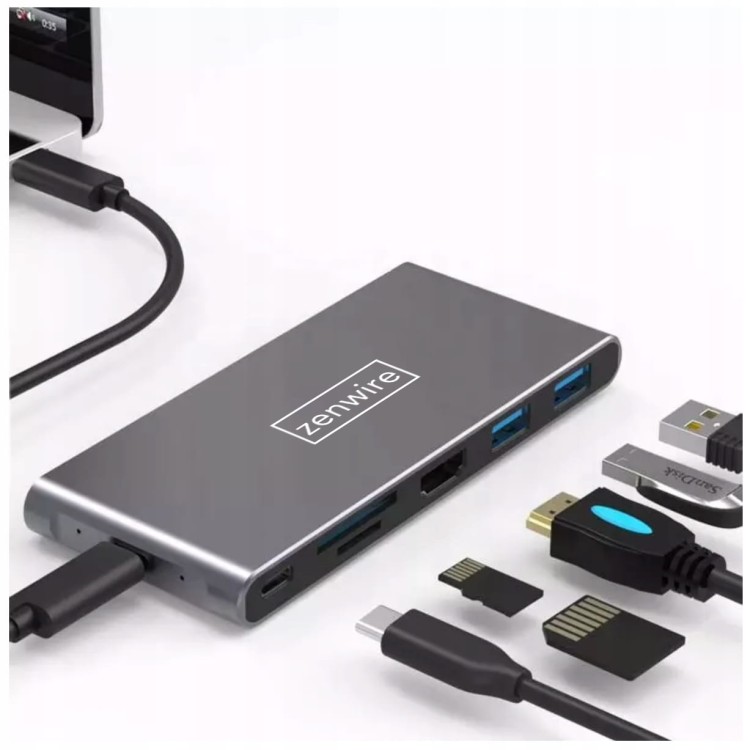 ADAPTER HUB USB-C SSD Obudowa M2 8w1 HDMI 4K SD USB 3.0 PD M.2 Zenwire - zdjęcie 1