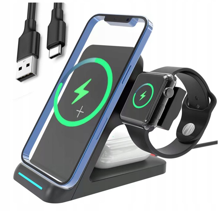 Ładowarka indukcyjna 3w1 do Samsung s21 S20 Apple + AirPods Buds Apple Watch 15W - zdjęcie 1