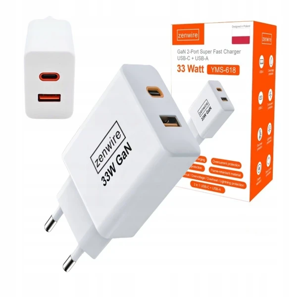 Szybka Ładowarka Sieciowa Kostka GAN III 33W Zasilacz USB-C USB-A do iPhone Samsung Zenwire YMS-618 - zdjęcie 1