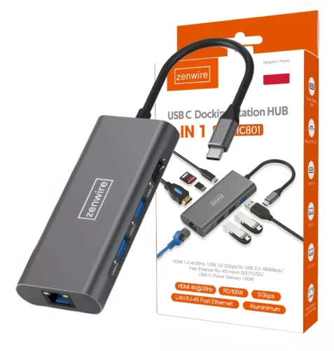 HUB ADAPTER Przejściówka USB-C 9W1 HDMI 4K USB 3.0 micro SD Ethernet Zenwire HC801 - zdjęcie 1