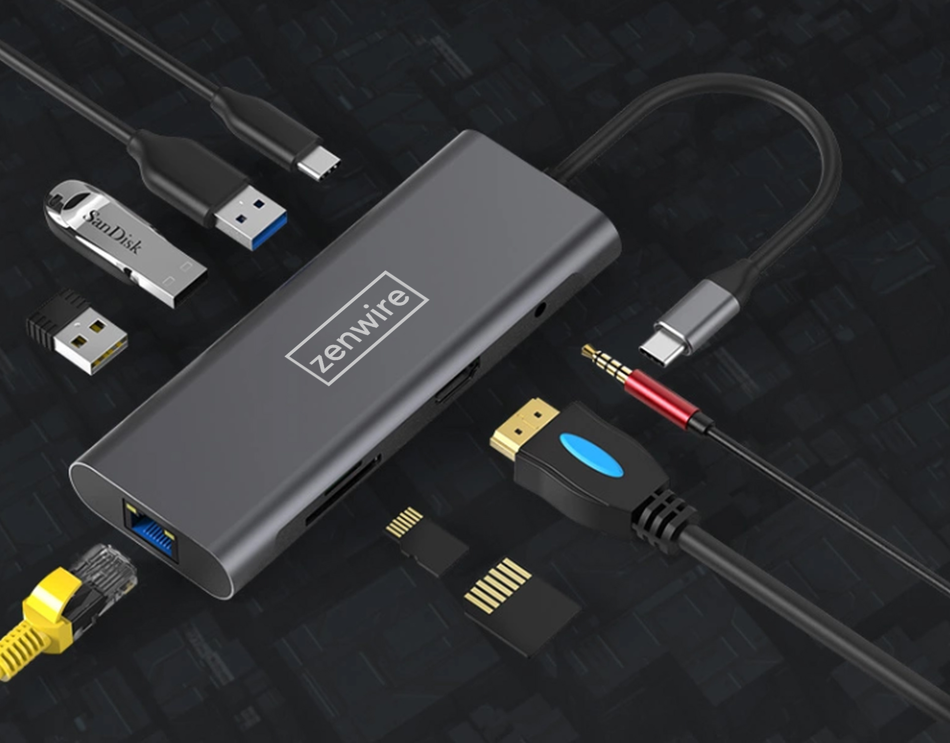 Zenwire 9in1 HDMI 4K/USB 3.0/JACK/ETHERNET/SD/PD hub pentru Macbook Air/Pro