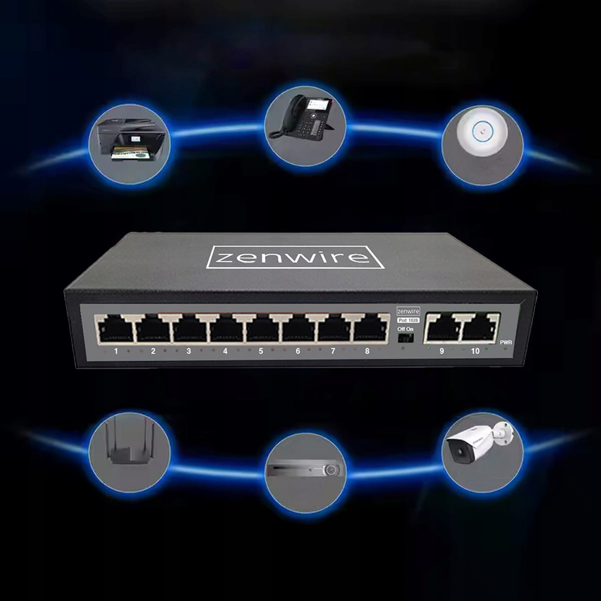 Switch Splitter 10 Porturi 8 POE 2 LAN Ethernet RJ45 pentru Camere